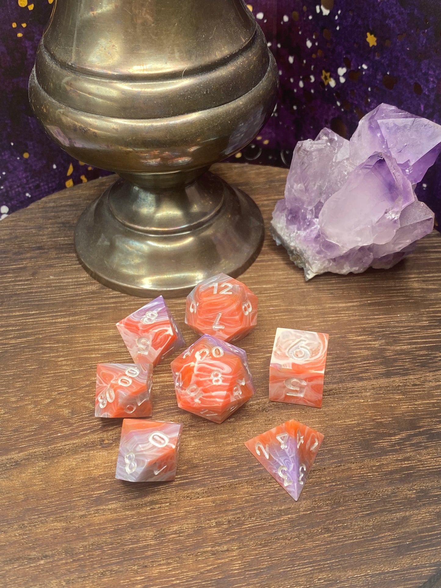 Peach, White and Lavender Sharp Edge Dice, hand poured resin for D&D, Pathfinder, and other RPG