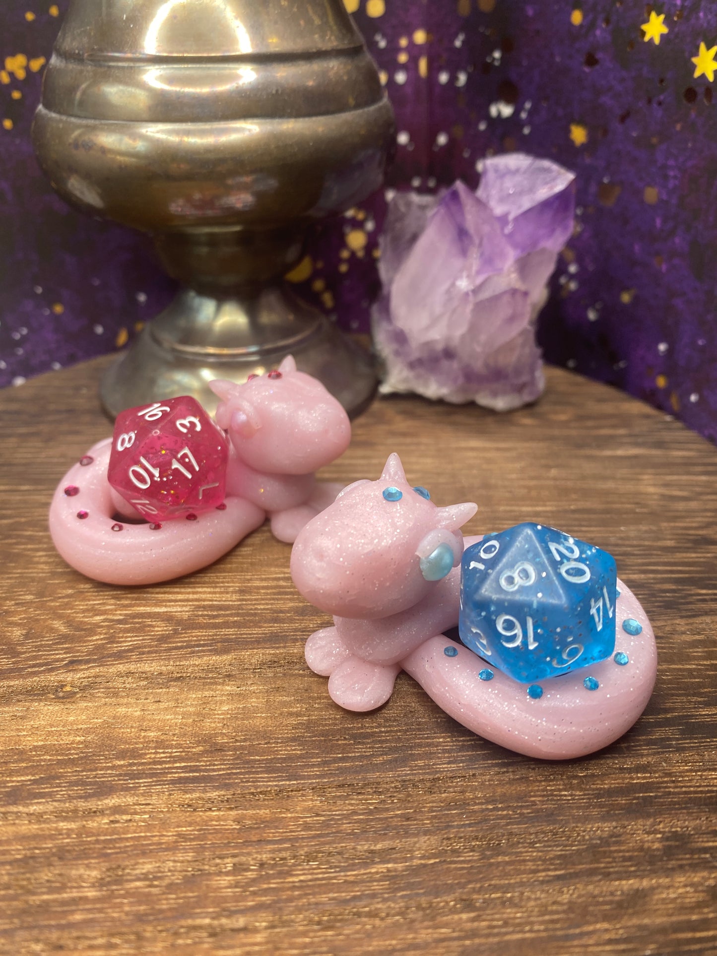 Hand-Sculpted Single Die Dragon Dice Guardian, Pink embellished with Blue or Pink Crystals - D&D Dice Tray Holder