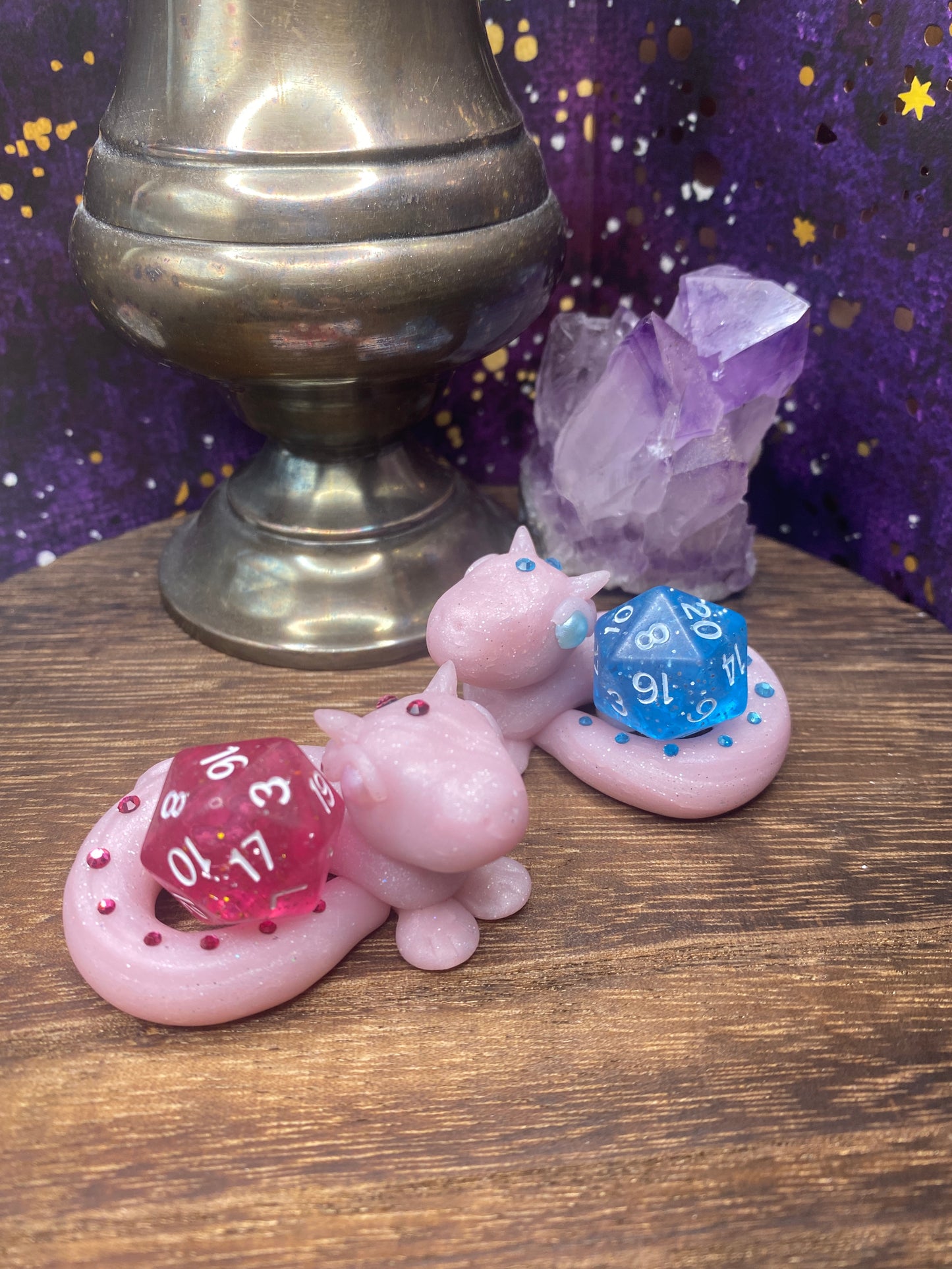 Hand-Sculpted Single Die Dragon Dice Guardian, Pink embellished with Blue or Pink Crystals - D&D Dice Tray Holder