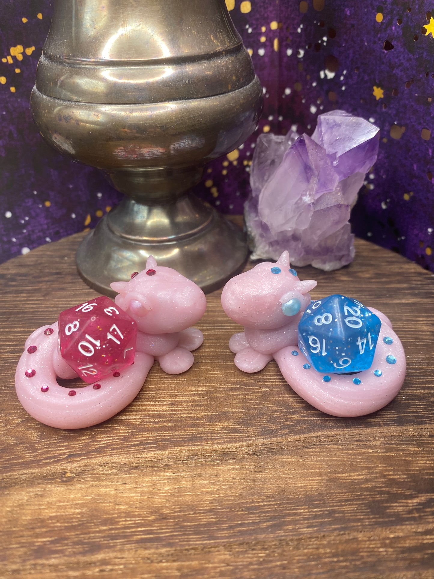 Hand-Sculpted Single Die Dragon Dice Guardian, Pink embellished with Blue or Pink Crystals - D&D Dice Tray Holder