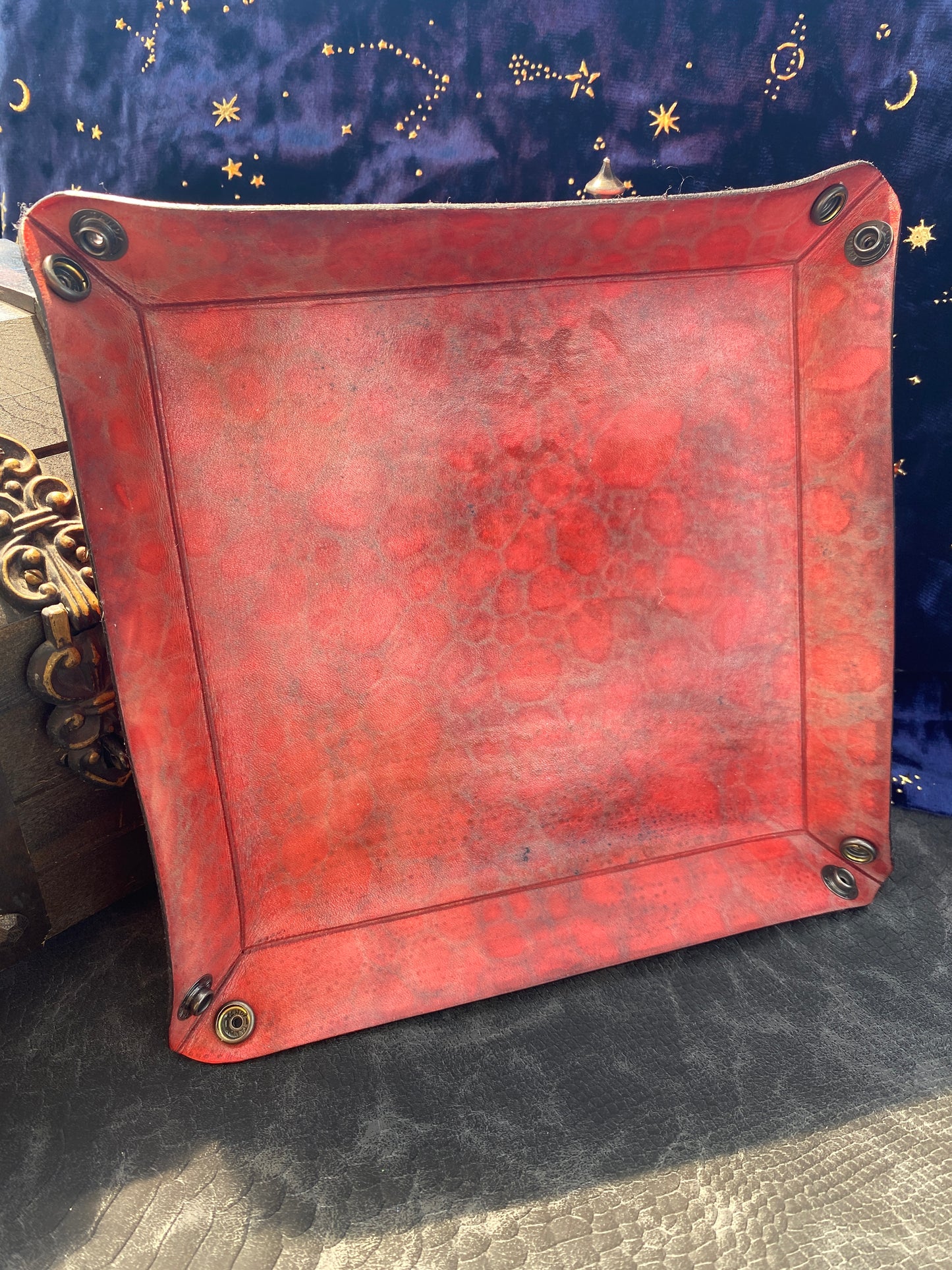 Hand-dyed Leather dragon scaled themed dice tray, trinket tray, for D&D, Pathfinder, and other TTRPG