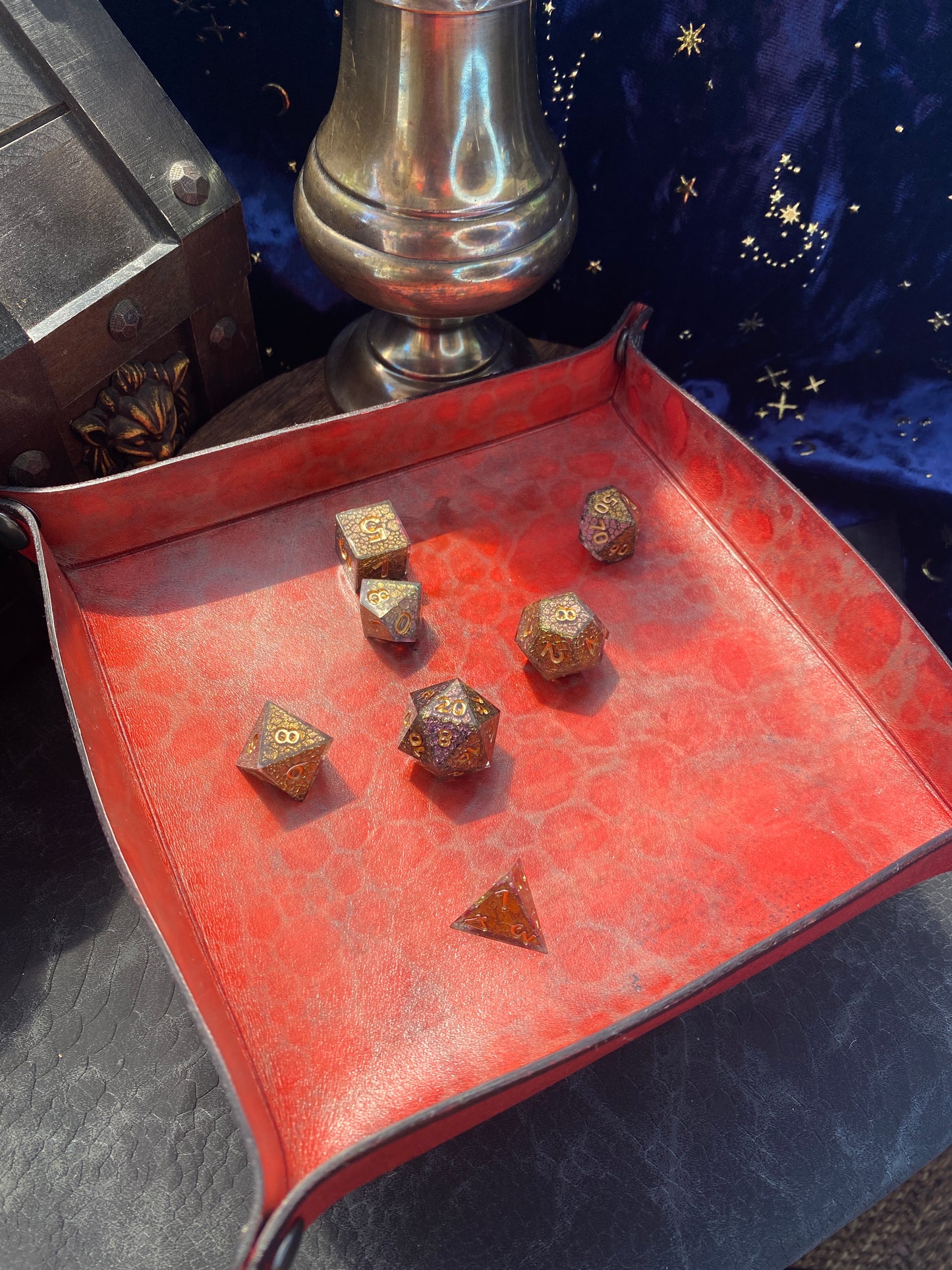 Hand-dyed Leather dragon scaled themed dice tray, trinket tray, for D&D, Pathfinder, and other TTRPG