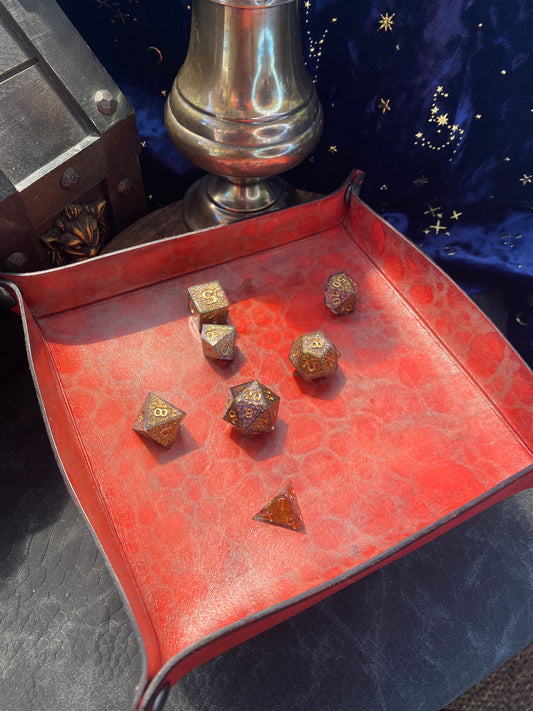 Hand-dyed Leather dragon scaled themed dice tray, trinket tray, for D&D, Pathfinder, and other TTRPG