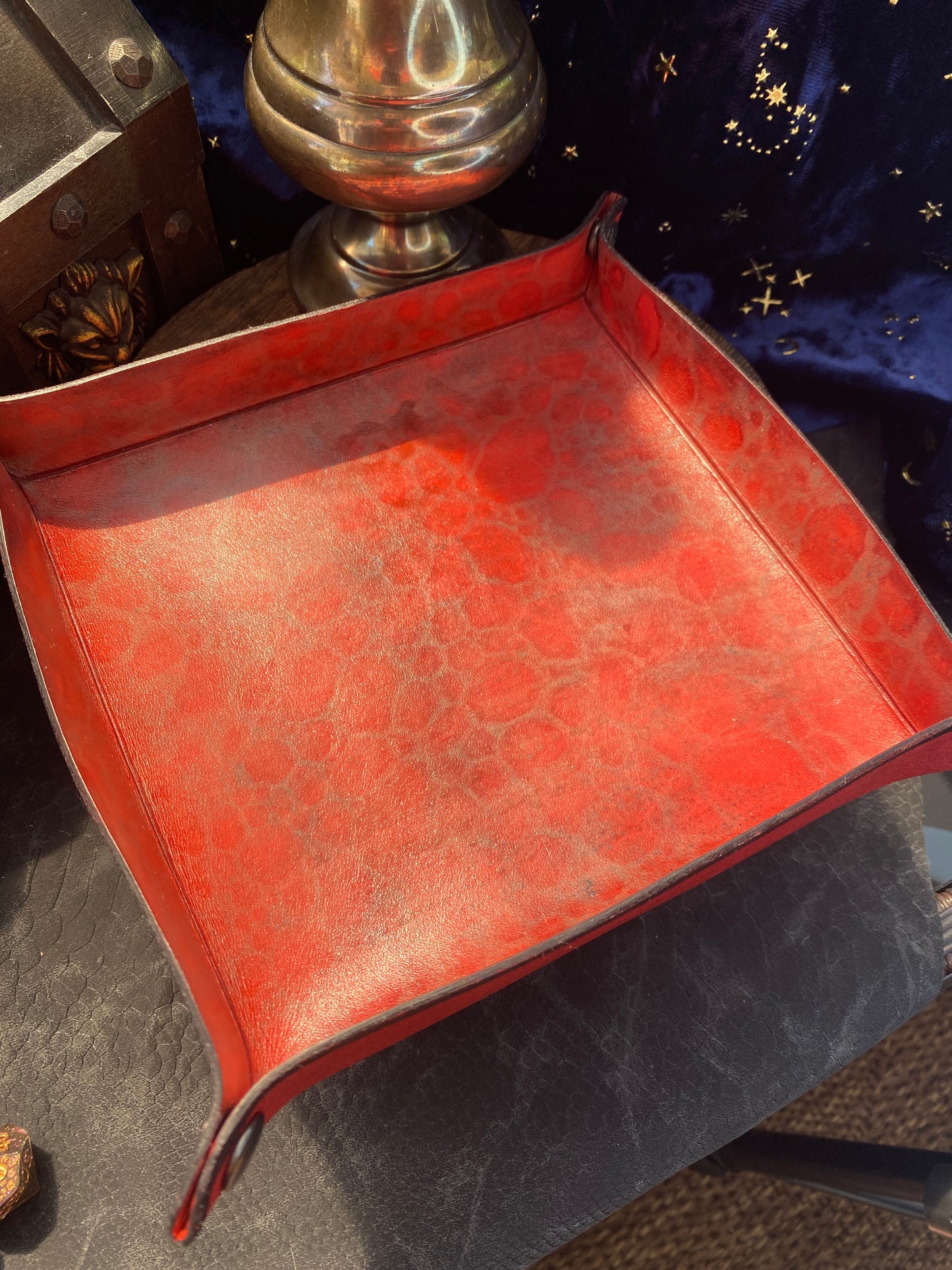 Hand-dyed Leather dragon scaled themed dice tray, trinket tray, for D&D, Pathfinder, and other TTRPG