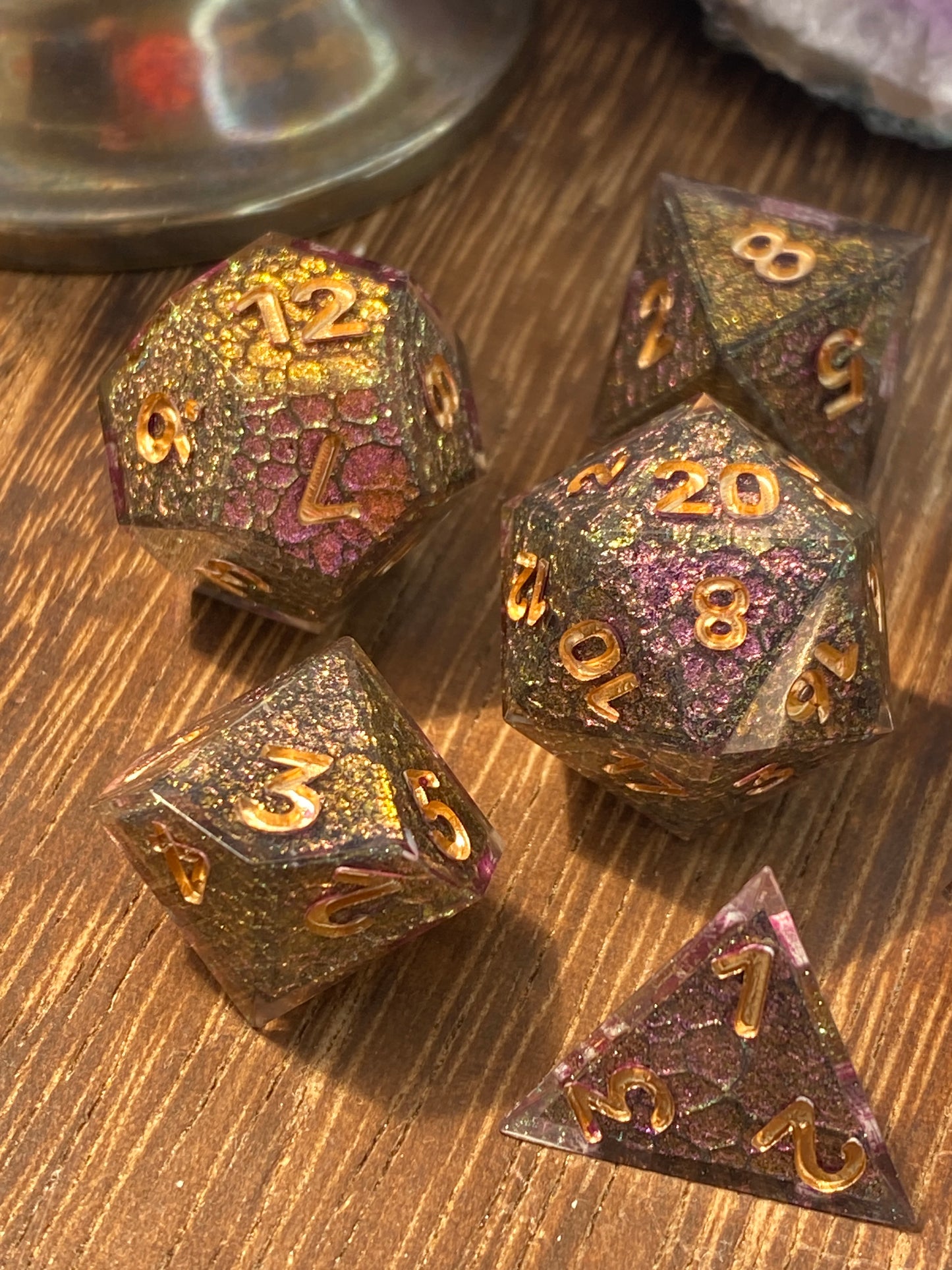 Dragon Scale Sharp Edge Shell Dice, color shifting purple to copper, hand poured resin for D&D, Pathfinder, and other RPG