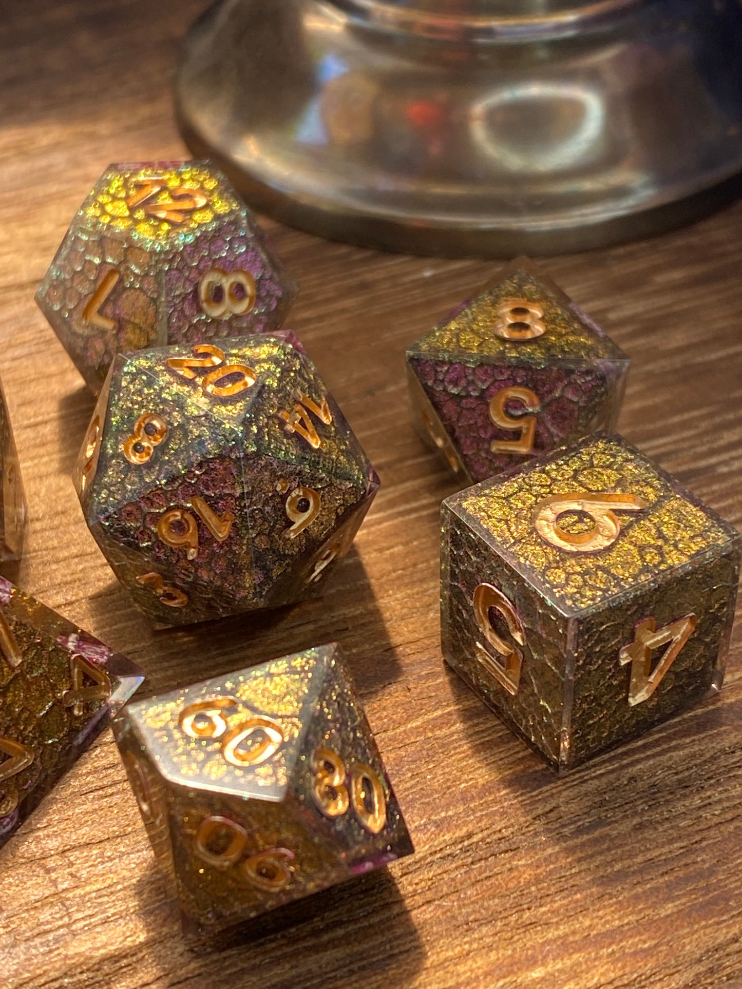 Dragon Scale Sharp Edge Shell Dice, color shifting purple to copper, hand poured resin for D&D, Pathfinder, and other RPG