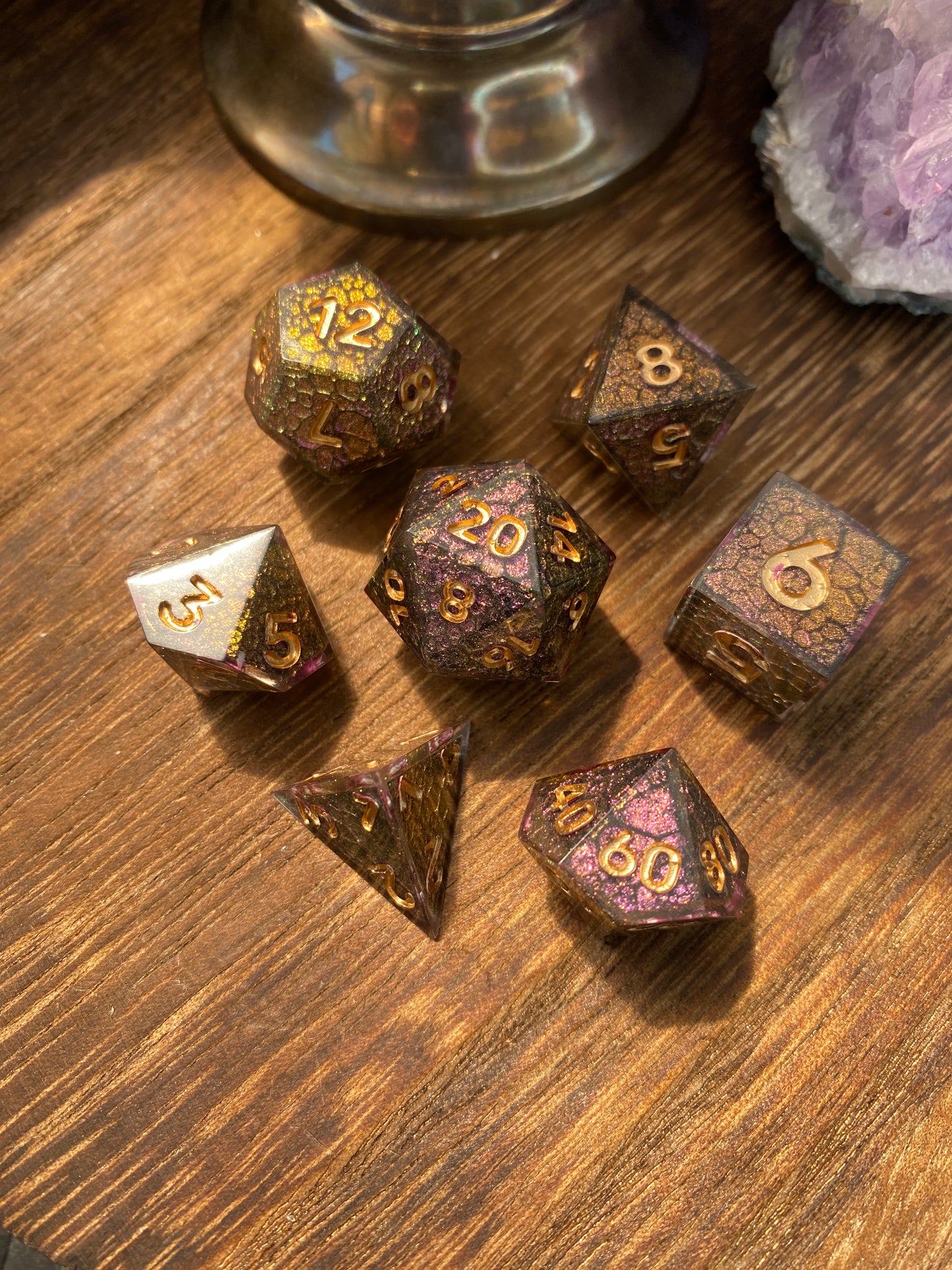 Dragon Scale Sharp Edge Shell Dice, color shifting purple to copper, hand poured resin for D&D, Pathfinder, and other RPG