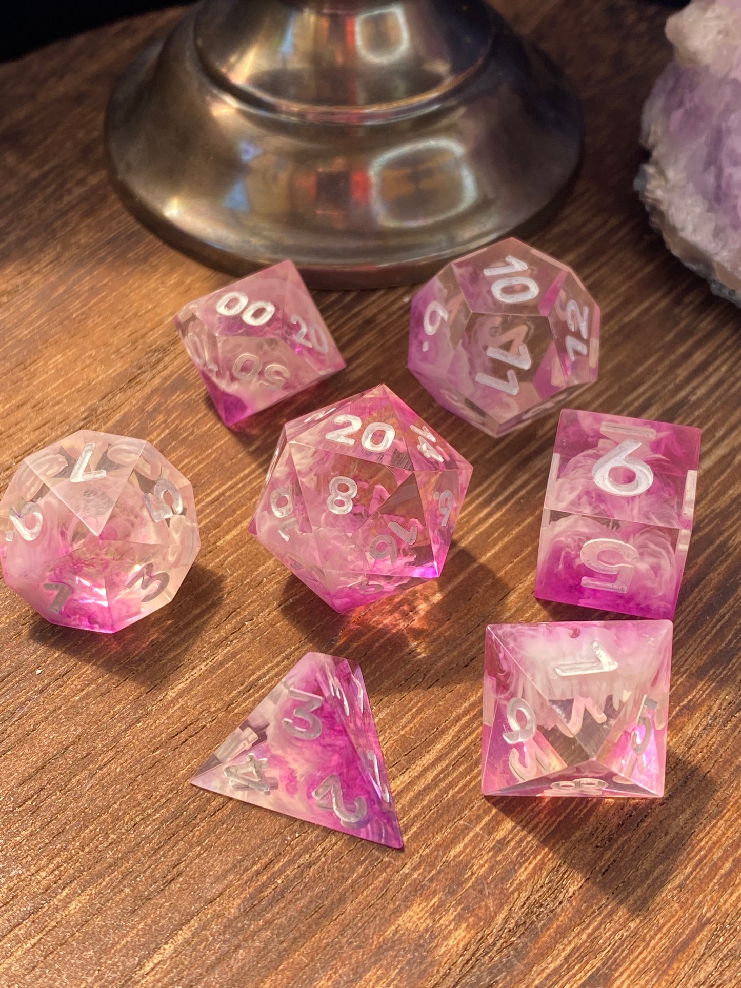 Pink and white, sharp edge, cloud dice, hand poured resin for D&D, Pathfinder, and other TTRPG