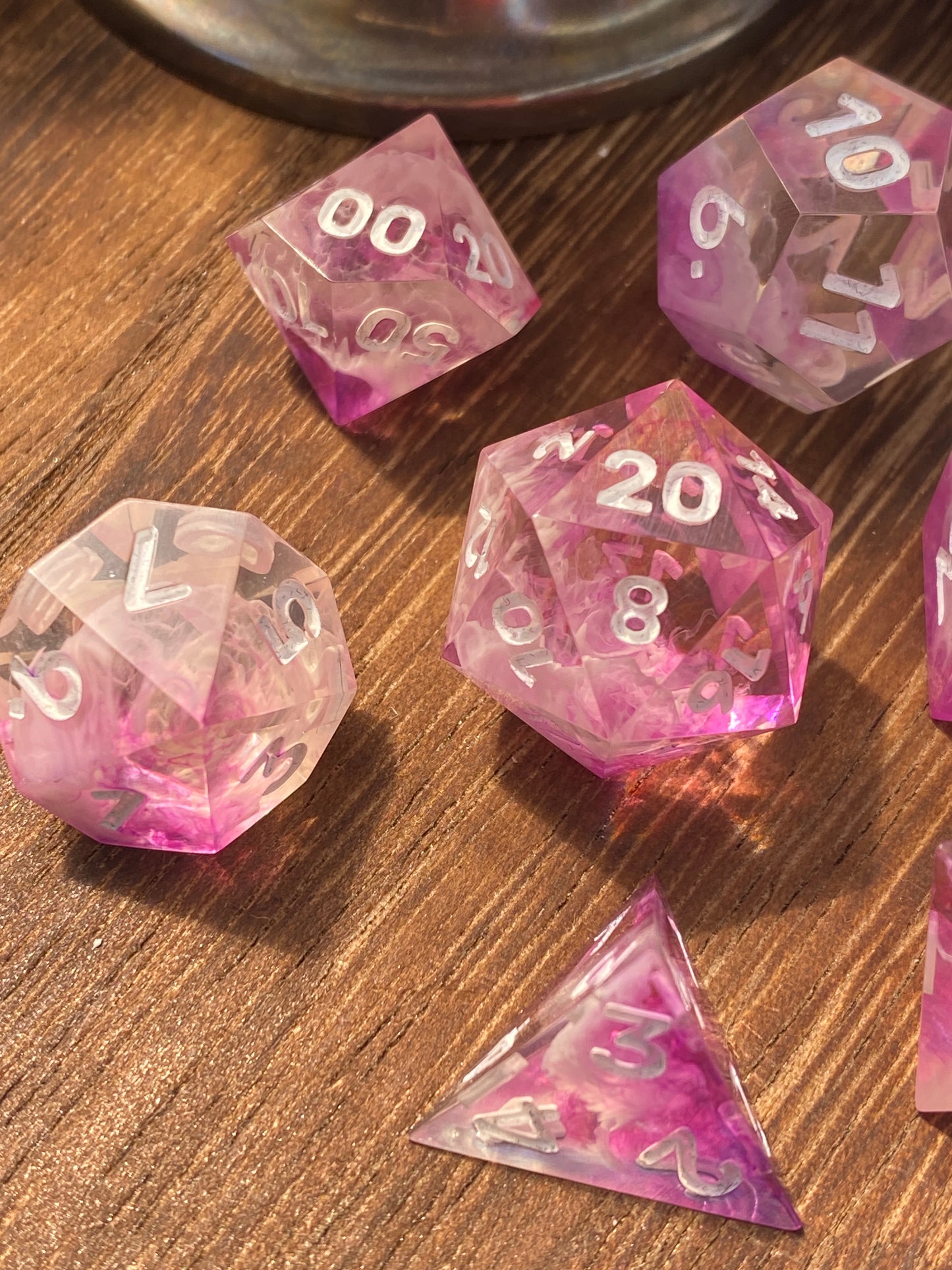 Pink and white, sharp edge, cloud dice, hand poured resin for D&D, Pathfinder, and other TTRPG