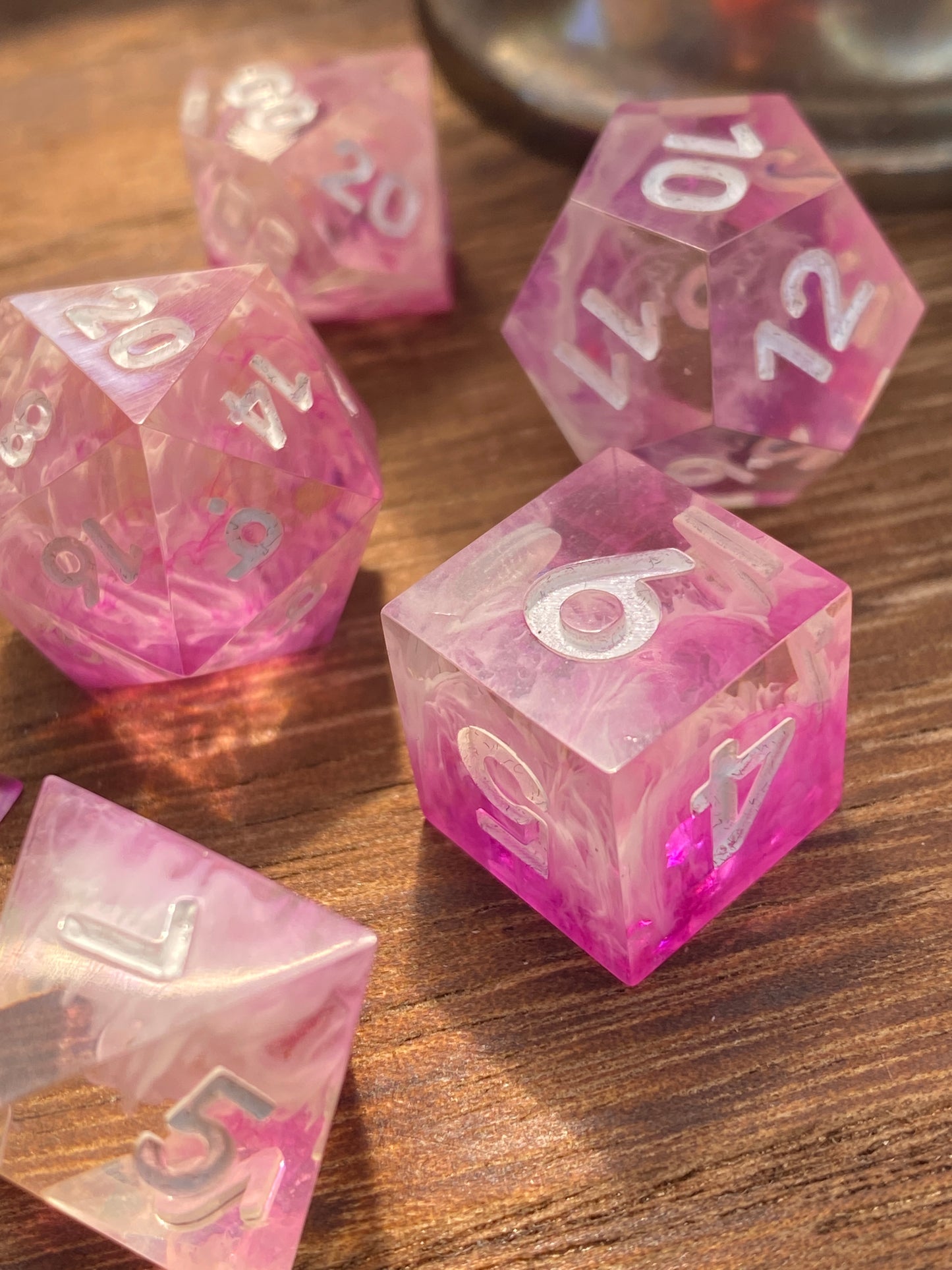 Pink and white, sharp edge, cloud dice, hand poured resin for D&D, Pathfinder, and other TTRPG