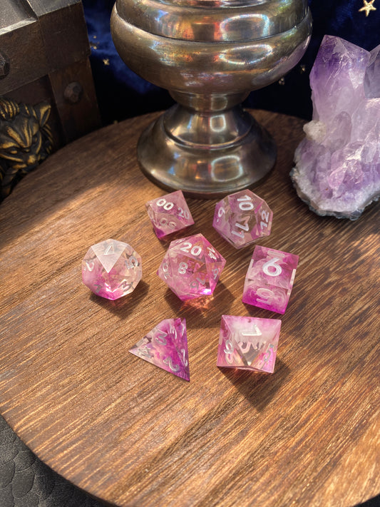 Pink and white, sharp edge, cloud dice, hand poured resin for D&D, Pathfinder, and other TTRPG