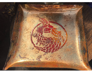 Copper enameled dragon themed dice tray, trinket tray, for D&D, Pathfinder, and other TTRPG