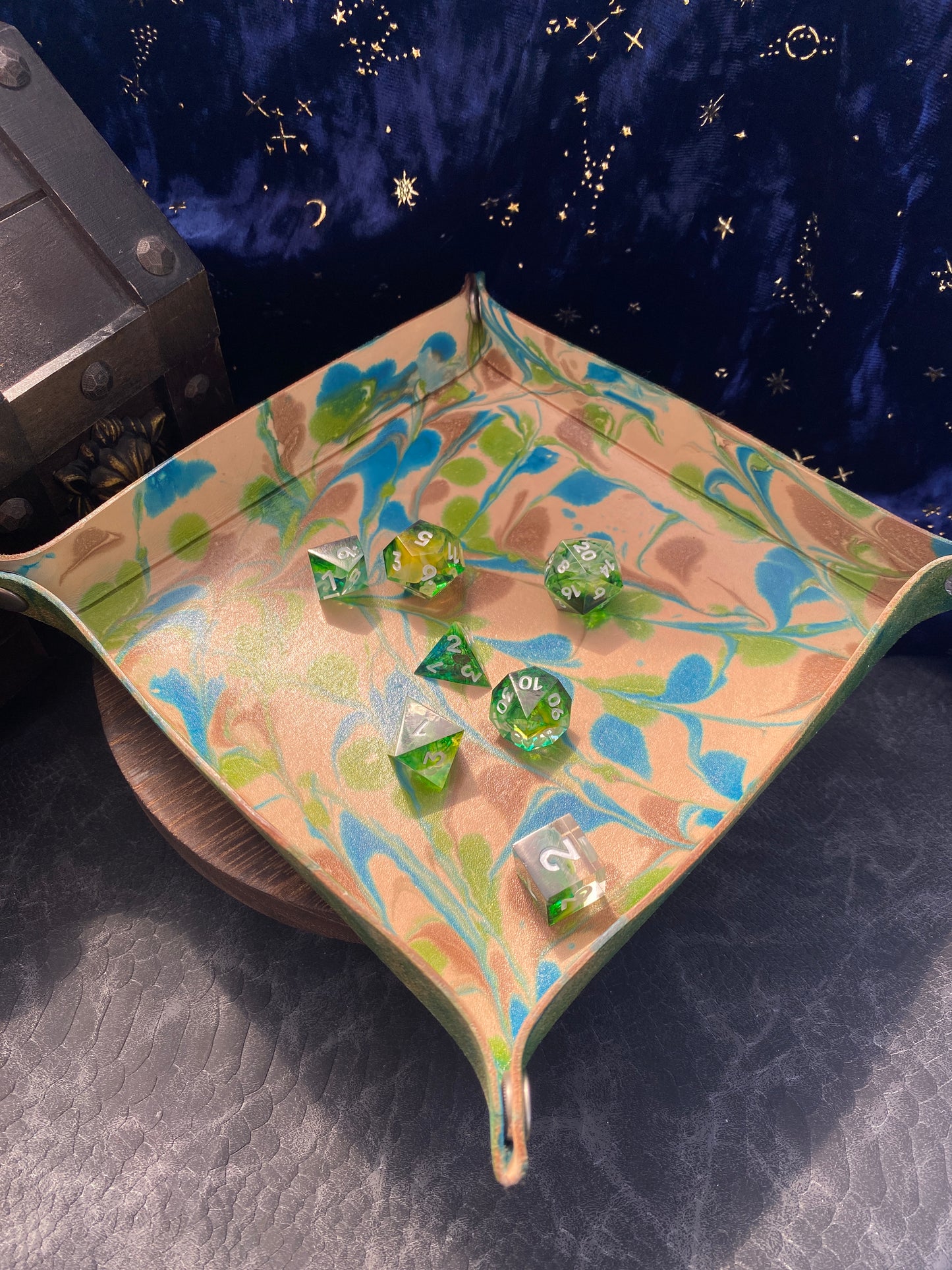 Hand-dyed Green, Turquoise, and Brown Leather Dice Tray, Trinket Tray, for D&D, Pathfinder, and other TTRPG