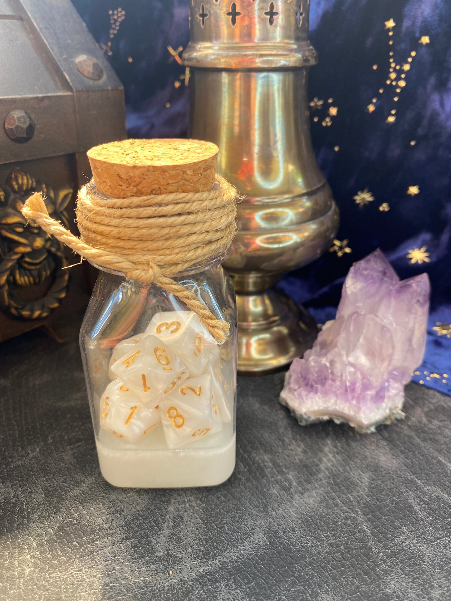 Dice with Potion Bottle Display and Dice Roller (White Dice set and matching resin), for D&D, Pathfinder, and other TTRPG