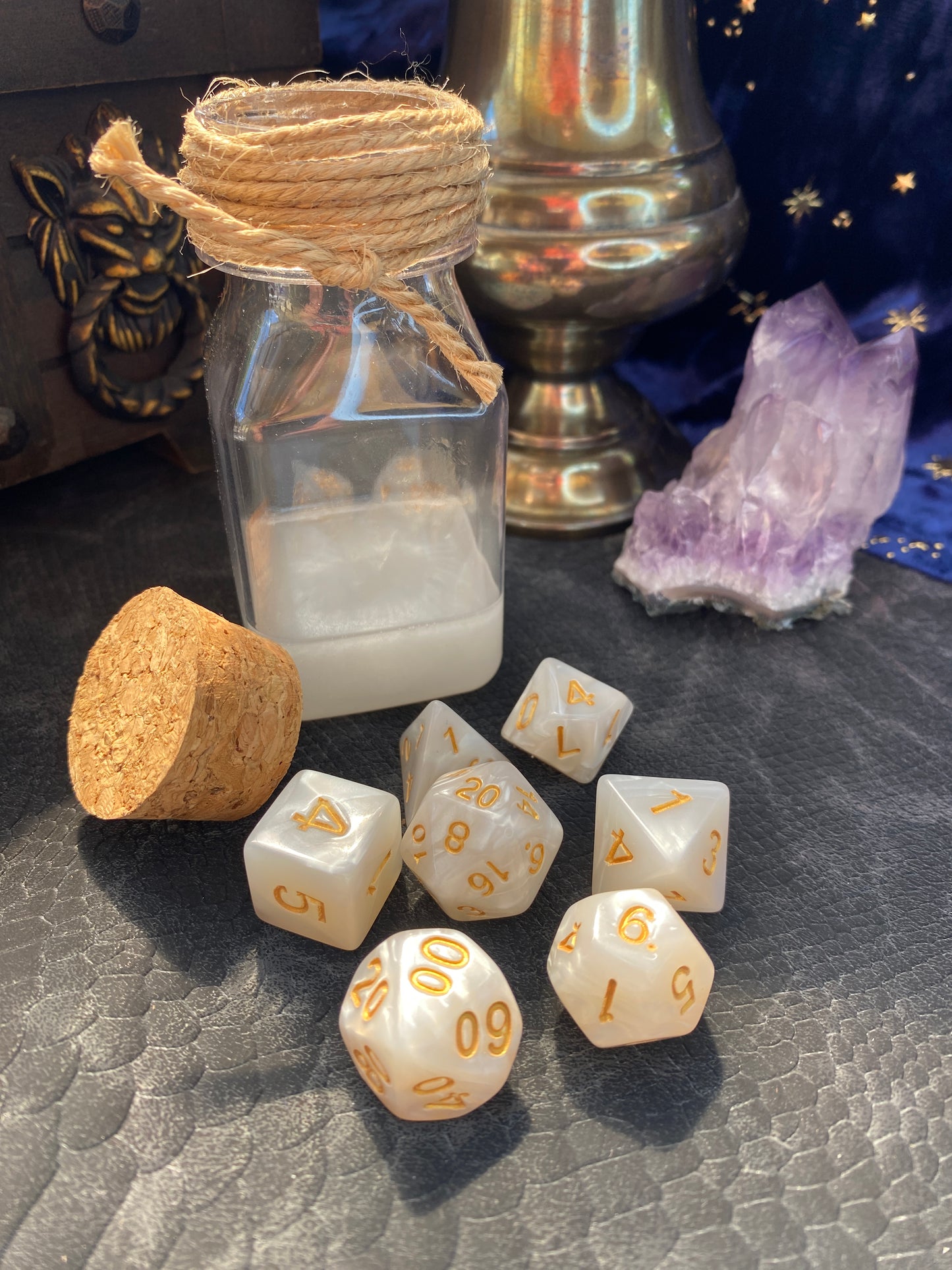 Dice with Potion Bottle Display and Dice Roller (White Dice set and matching resin), for D&D, Pathfinder, and other TTRPG