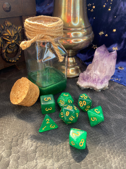 Dice with Potion Bottle Display and Dice Roller (Green Dice set and matching resin), for D&D, Pathfinder, and other TTRPG