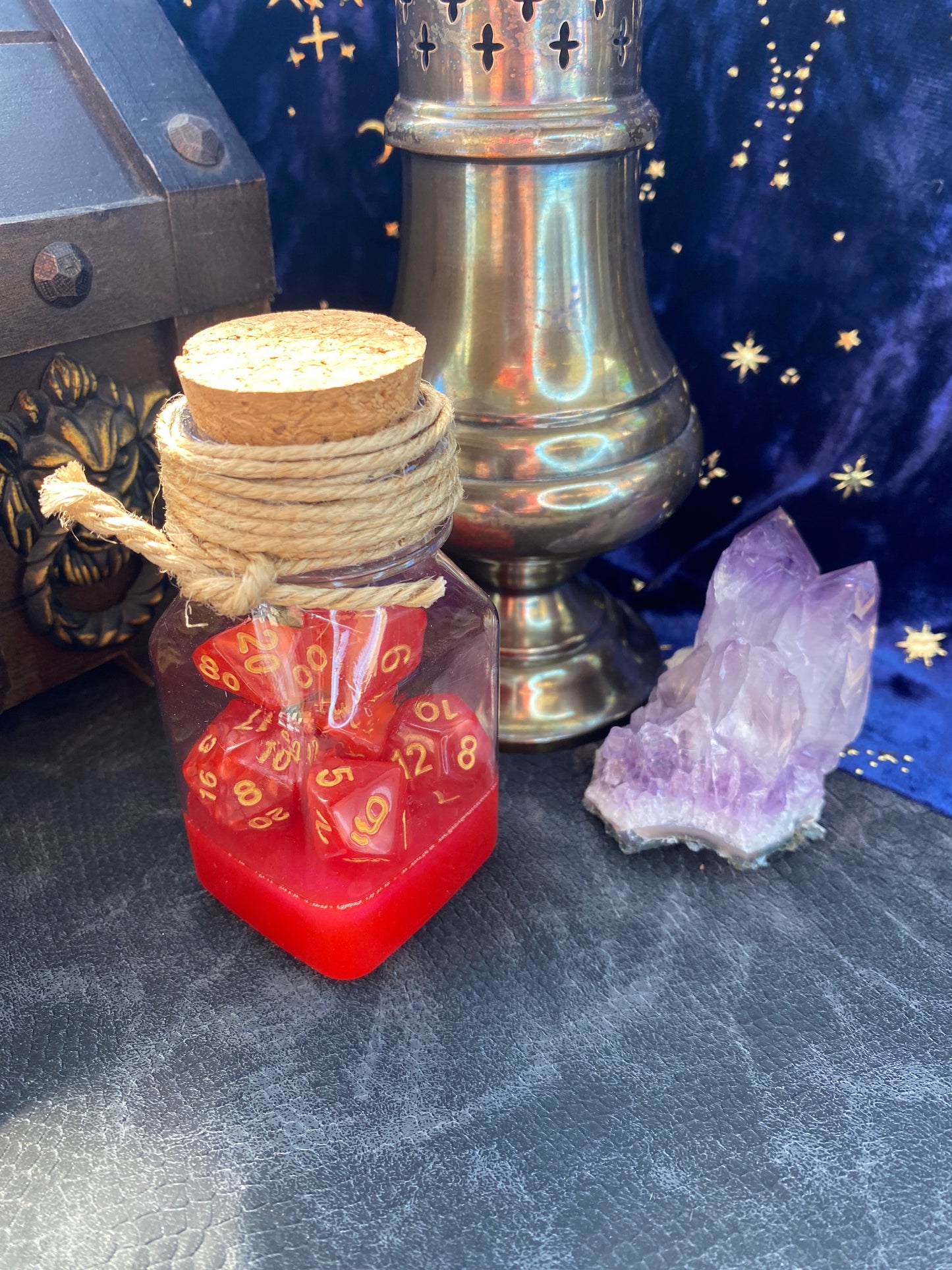 Dice with Potion Bottle Display and Dice Roller (Red Dice set and matching resin), for D&D, Pathfinder, and other TTRPG